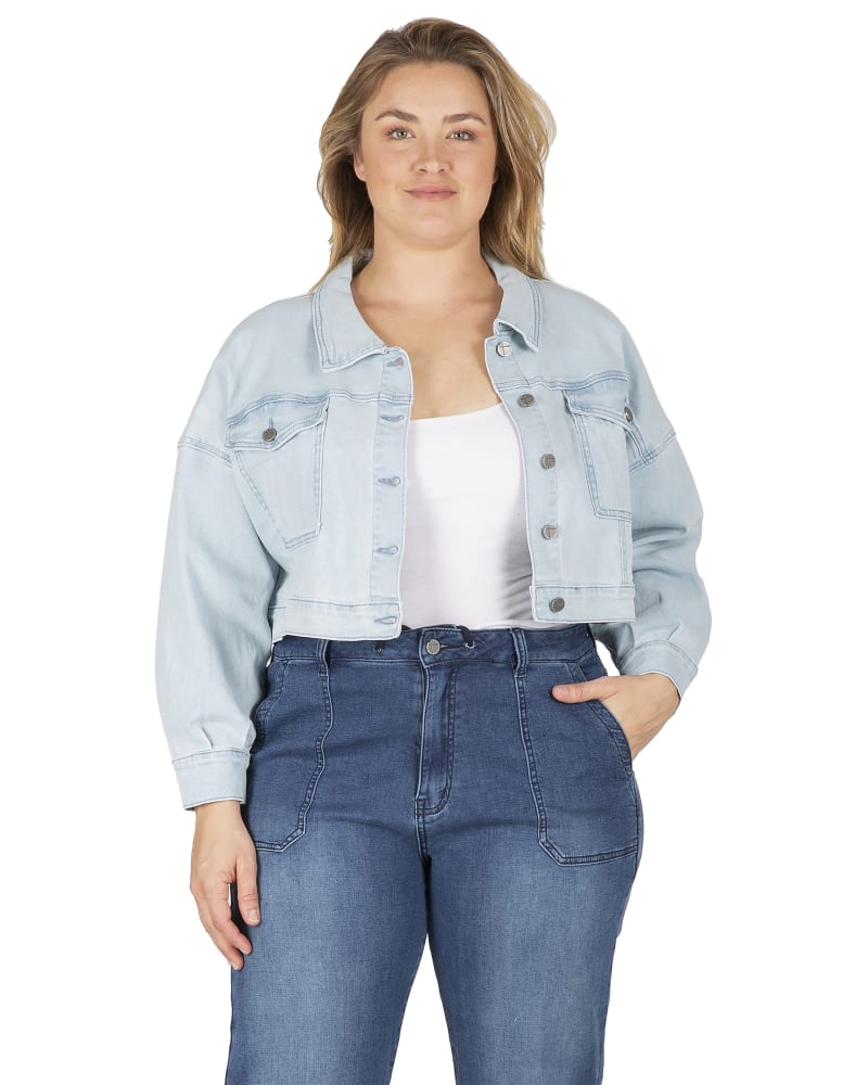 Front of a model wearing a size 1X Easy Fit Denim Trucker Jacket in Bleach Blue by Standards & Practices. | dia_product_style_image_id:276179